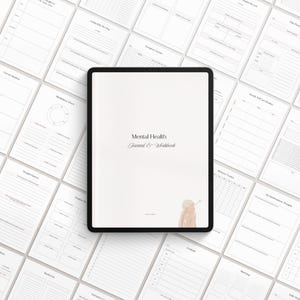 Puede incluir: Una tableta digital que muestra una página de portada para un diario y un cuaderno de trabajo sobre salud mental. La portada es blanca con texto negro que dice "Mental Health Journal & Workbook". Una pequeña ilustración de una persona con una flor en el pelo está en la esquina inferior derecha.