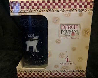 Juego de 4 vasos Debbie Mumm Libbey Cooler de 444 ml (15 oz) en color azul con diseño de reno (nuevo en caja)