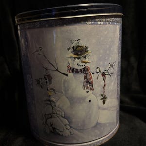 Vintage 80-tals Houston Harvest snögubbe och snöflinga popcorn samlarburk med lock