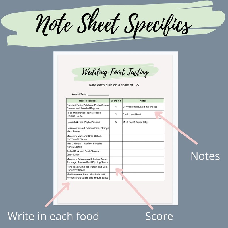 Wedding Food Tasting Note Sheet, Venue Food Tasting Etsy