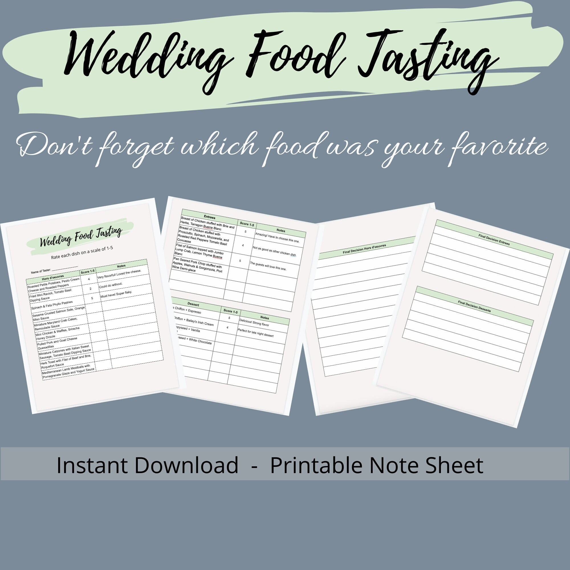 Wedding Food Tasting Note Sheet, Venue Food Tasting Etsy