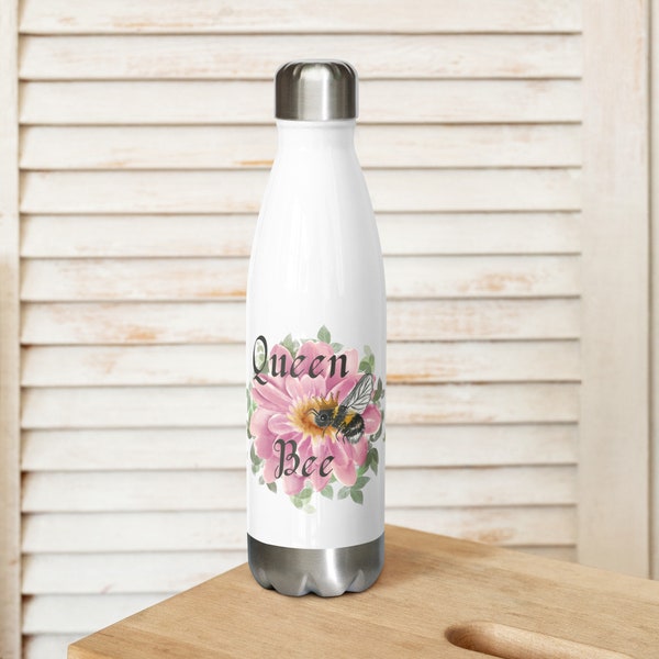 Queen Bee stainless steel insulated white 17 oz water bottle / durable and reusable