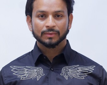 Designer Black Wings Cutdana Work Tuxedo Shirt for Mens