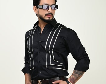 Designer Mans Black Tuxedo Shirt with Leather Stripes Detailing