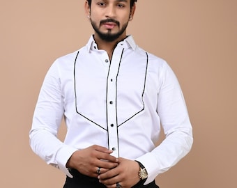 White Tuxedo Shirt with Piping Pattern