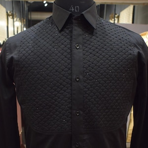 Black Quilted Tuxedo Shirt with Cutdana Work for Men