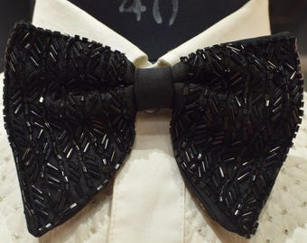 Designer black butterfly style wedding bow tie for men with cutdana work, pre-tied and oversized bow tie