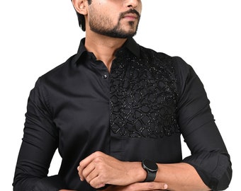 Black Cutdana Work Tuxedo Shirt