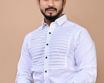White Pleated Tuxedo shirt with Cutdana Work