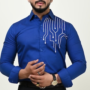 Blue Thread Embroidered Tuxedo Shirt for Mans