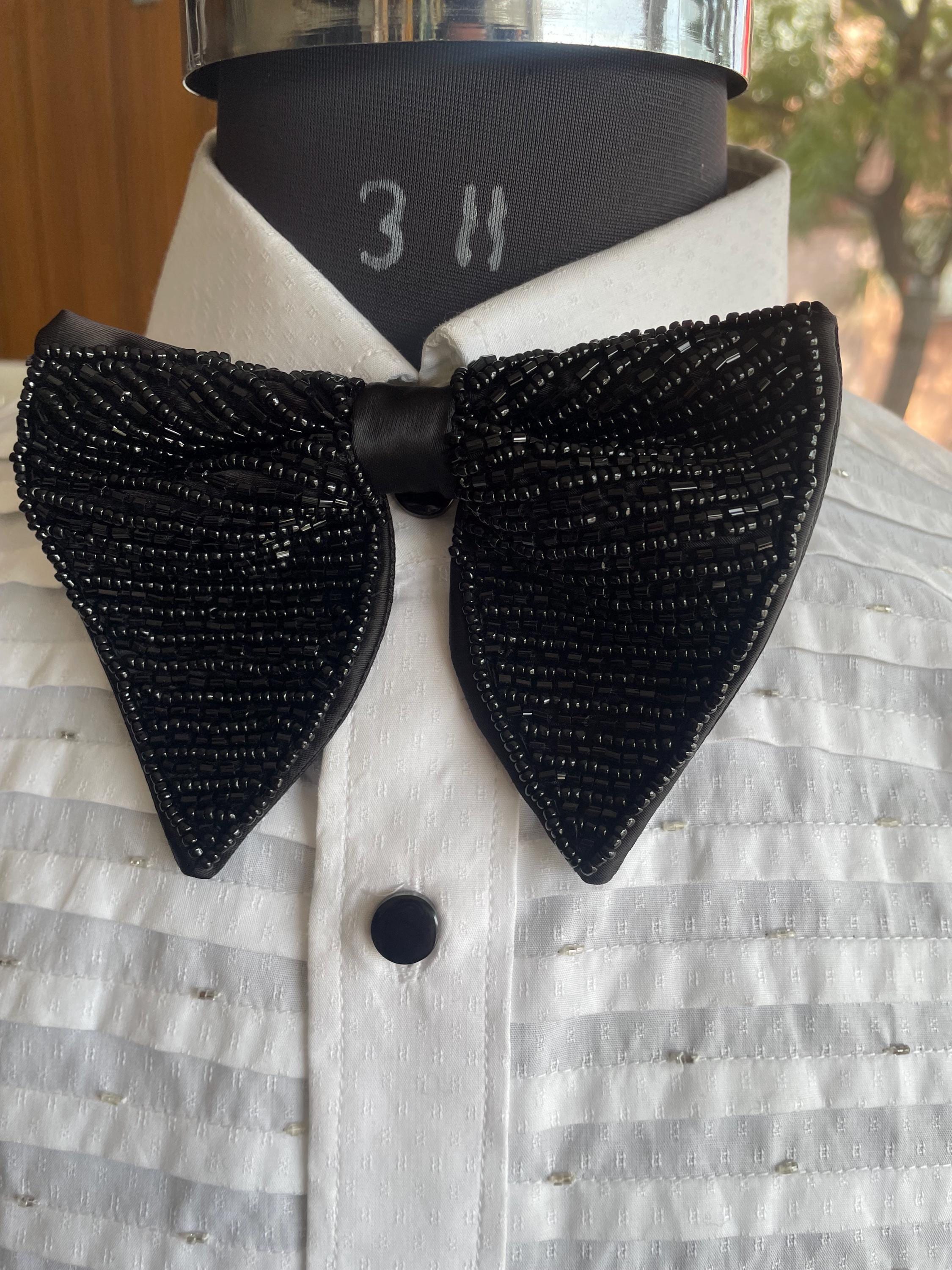 Black Crystal Tuxedo Bow Tie For Men| Butterfly Oversize Bow Tie with Black Cutdana Work | Wedding | Formal |CK Bow Tie