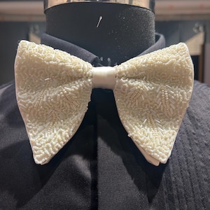 Off-White Satin Bow Tie: Oversized Leafy Cutdana Work, Pre-Tied