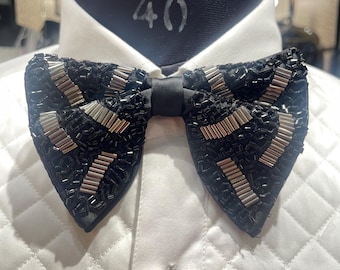 Luxury Black & Silver Beaded Bow Tie for Men | Designer Handmade Tuxedo Accessory