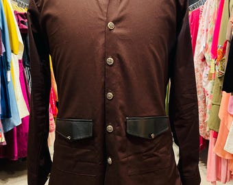Chocolate Brown Hunting Shirt with Leather Patch Pockets – Men’s Designer Casual Button Down