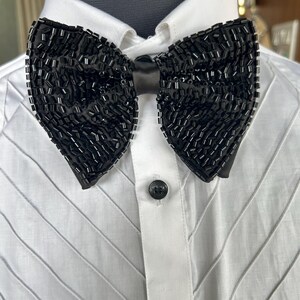 Black Silk Bow Tie: Cutdana Beaded, Oversized Butterfly Design