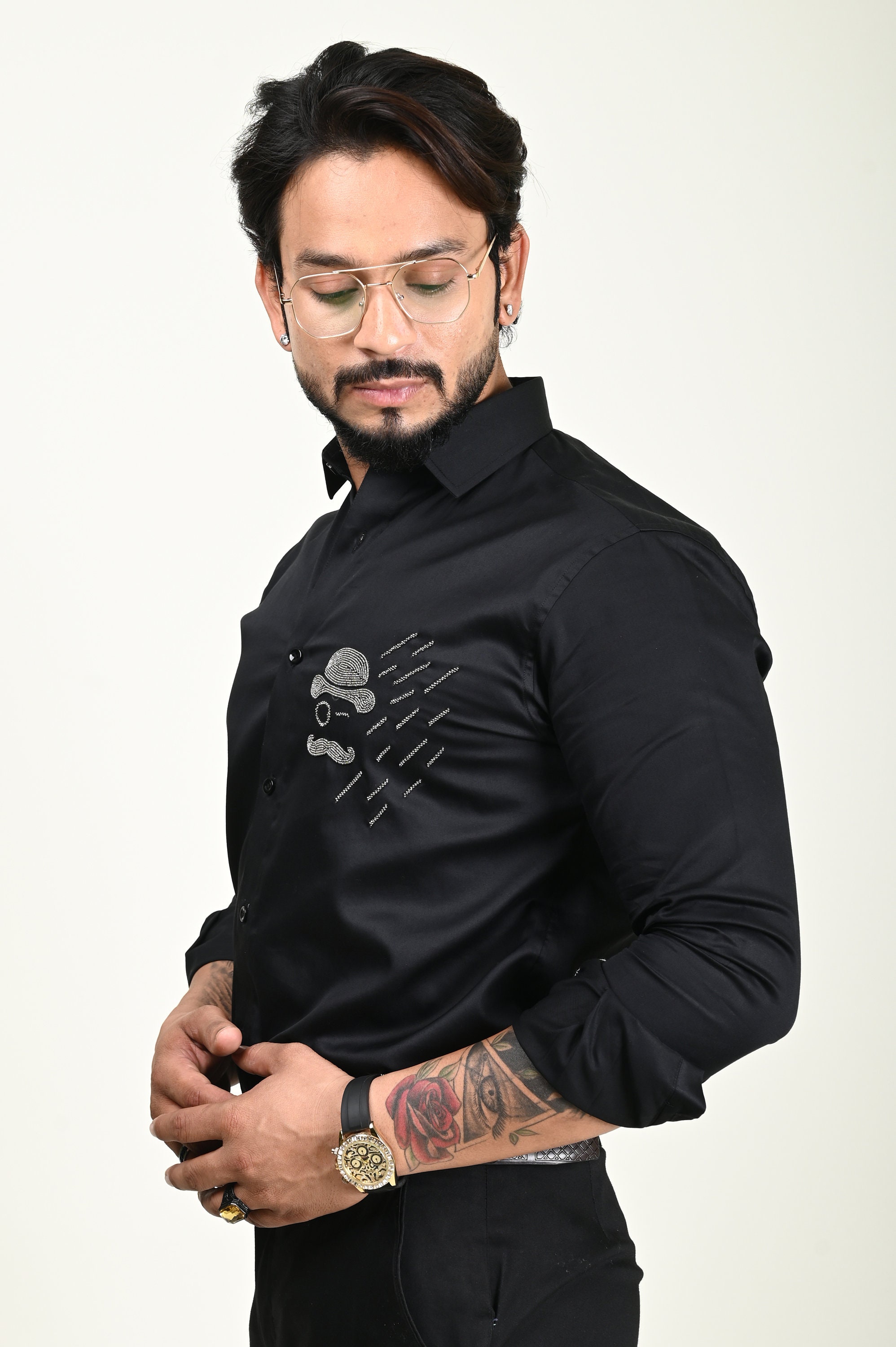 Black Cotton Embroidered Shirt