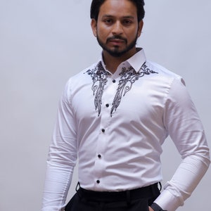 Designer White Embroidered Tuxedo Shirt For Men