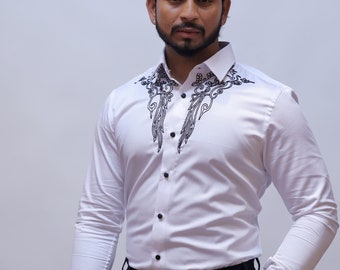 Designer White Embroidered Tuxedo Shirt For Men