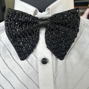 Black Silk Butterfly Bow Tie: Cutdana Beaded, Oversized Pre-Tied