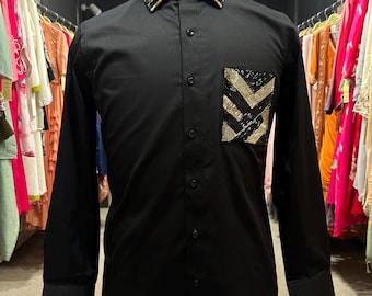 Exklusives schwarzes Handarbeits-Cocktailhemd für Herren | Designer Party Wear Shirt.