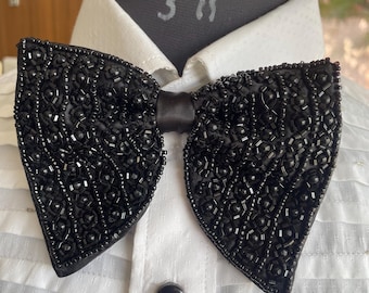 Black-Crystal Hand Work Silk Satin Butterfly Bow Tie / Handcrafted Pre-Tied Bow Tie. Perfect Groom Bow Tie / Wedding Bow Tie /Prom Bow Tie