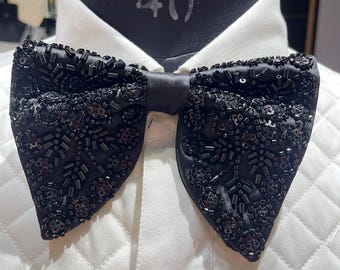 Black Crystal Hand-Worked Silk Satin Bow Tie: Pre-Tied Tuxedo Bowtie