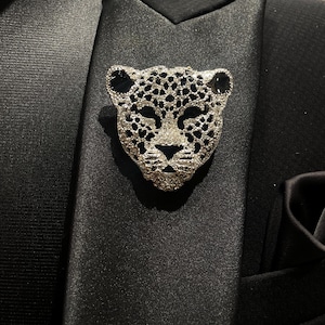 Lion Face- Shaped Silver Crystal Stone Studded Brooch/ Lapel Pin For Men, Wedding Bouquet Brooch, Gift for him