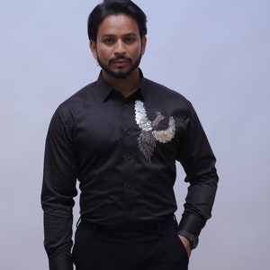 Men&#39;s Slim Fit Charcoal Coin Bird Tuxedo Shirt For Men
