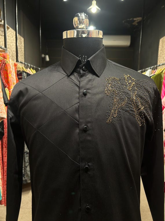 black dress shirt with gold design Statement Designer Detailing for Men 20% off