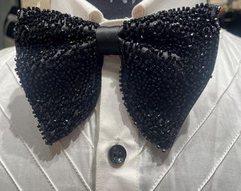 Black Beaded Bow Tie for Men | Luxury Hand Embroidered Designer Tuxedo Accessory