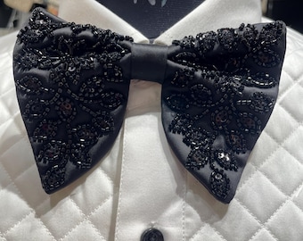 Black Crystal Hand-Worked Satin Silk Bow Tie: Groom Wedding Bowtie