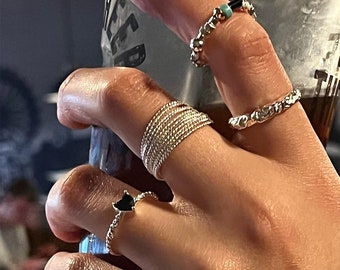 925 Sterling Silver Adjustable Ring: Floral, Animal, Black CZ Stacking Ring