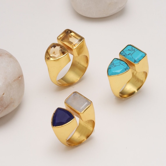 Labradorite and Blue Jade Split Style Ring Gold-plated Labradorite and Blue Jade Split Style Ring Gold-plated