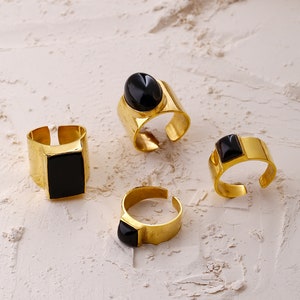 Onyx ring gold. Bohemian black onyx adjustable ring. Statement ring in silver 925. Black crystal funky designer rings. Solid Silver rings.