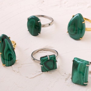 Malachite ring silver 925. Bohemian rings gold for women. Large natural malachite rings in solid silver.  Statement rings for women.