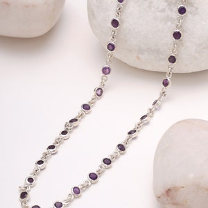 Amethyst link necklace chain in silver. Minimalist gemstone necklace for women. Cute dainty stackable necklace chain in 925 silver