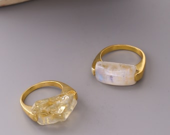 Raw citrine ring gold. Rough crystal Sterling silver ring. Gold plated birthstone ring for women. Casual rings for women.