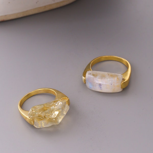 Raw citrine ring gold. Rough crystal Sterling silver ring. Gold plated birthstone ring for women. Casual rings for women.