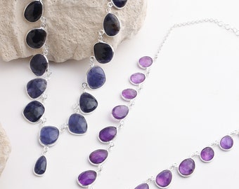 Bohemian rose cut gemstone necklace in silver 925. Statement crystal link necklace in Amethyst, Kyanite, Chrysoprase, Turquoise and Rutile.