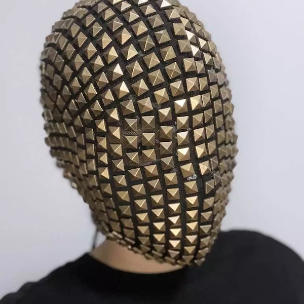 Mad World Studded Gold Spike Full Face Mask | Full Coverage Haute Couture Mask | Purge mask (EDM, Cosplay, Party) Masquerade Spike Mask