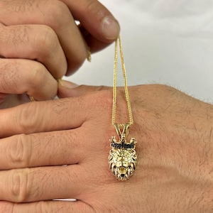 14K Solid Gold Lion Pendant Necklace with Black Stone Crown