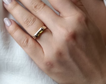 Smoky Stone Ring* 14K Dainty Gold Baugette Ring For Her Birthday Jewelry* Wedding Ring For Wife Choose Your Stone Everyday Jewelry