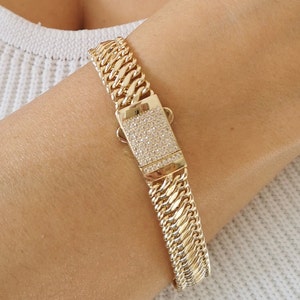 Vienna Chain Bracelet* 14K Gold Vienna Bracelet Women* 10 mm Double Curb Chain Bracelet* Yellow Gold Vienna Necklace With Zirconia Closure