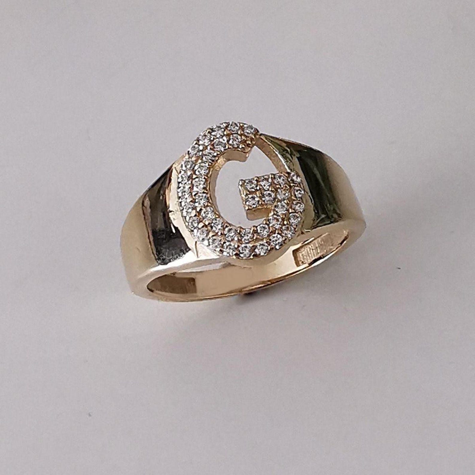 14K Solid Gold Initial Ring - Pave Letter G Ring - Personalized Jewelry ...