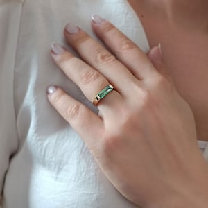 14K Gold Baguette Emerald Ring: Handmade Birthstone Jewelry