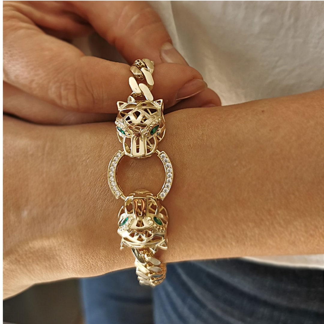 Pulsera de pantera Joyas de pantera de oro macizo de 14 quilates para mujeres Regalos de cumpleanos Para madre Pulsera de pantera de oro Regalos de