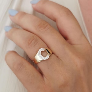 14K Solid Gold Initial Ring - Dainty Letter C Ring