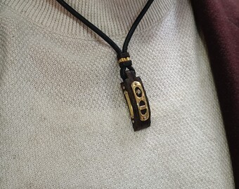 Men's 14K Gold Wood Leather Necklace: Diamond Accent