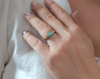14K Gold Aquamarine Baguette Ring - Trendy Birthday Jewelry