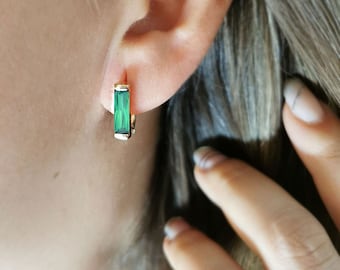 Emerald Earrings* 14K Gold Baguette Emerald Earrings For Girl Birthday Gifts* Emerald Baugette Gold Earrings * Yellow Gold Birthstone Ring